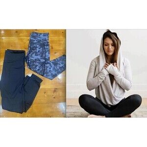 LOT (3) - Zyia Active Metallic Camo & Black Leggings Gray Haze Yoga Shawl Sz M